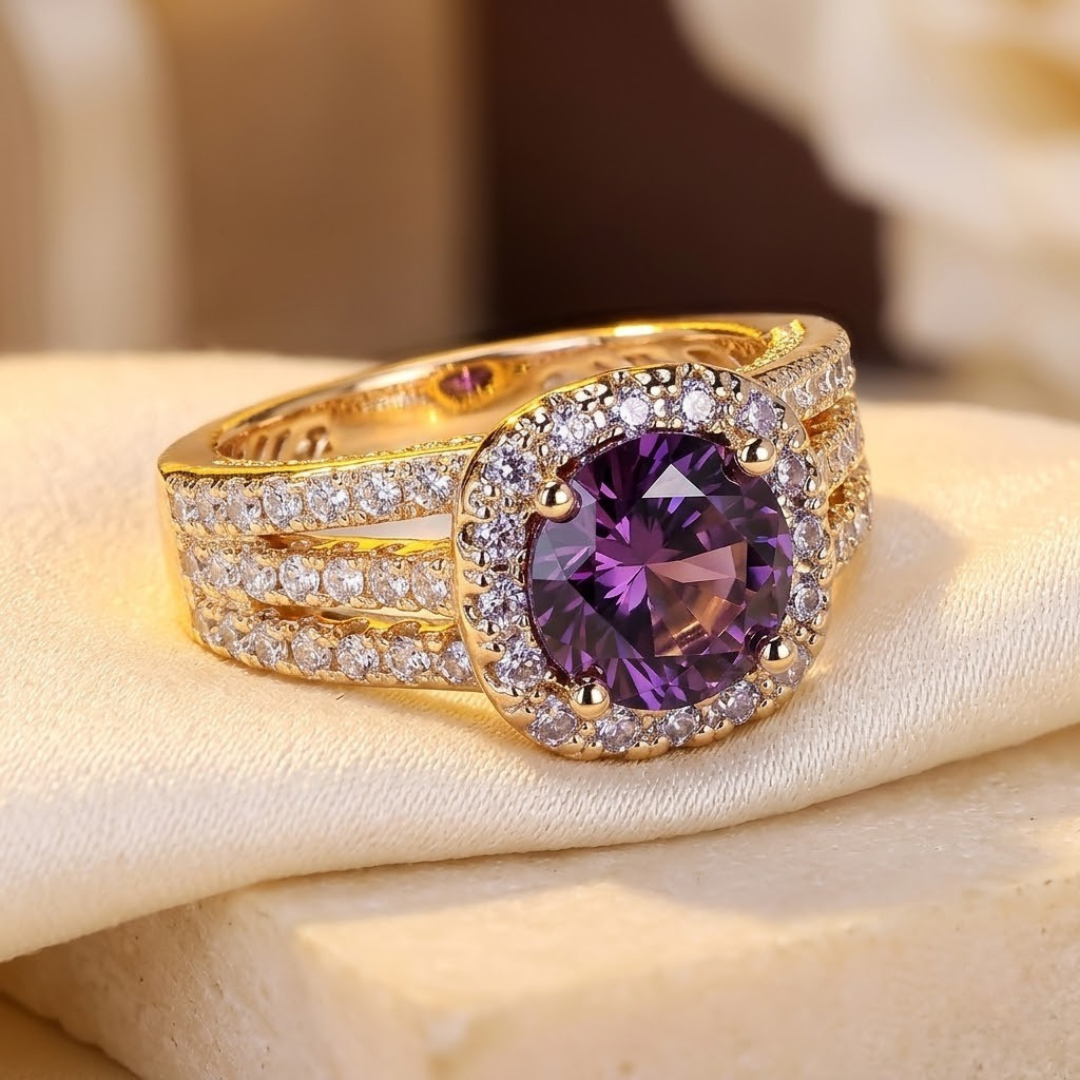 Gold Amethyst Halo Ring