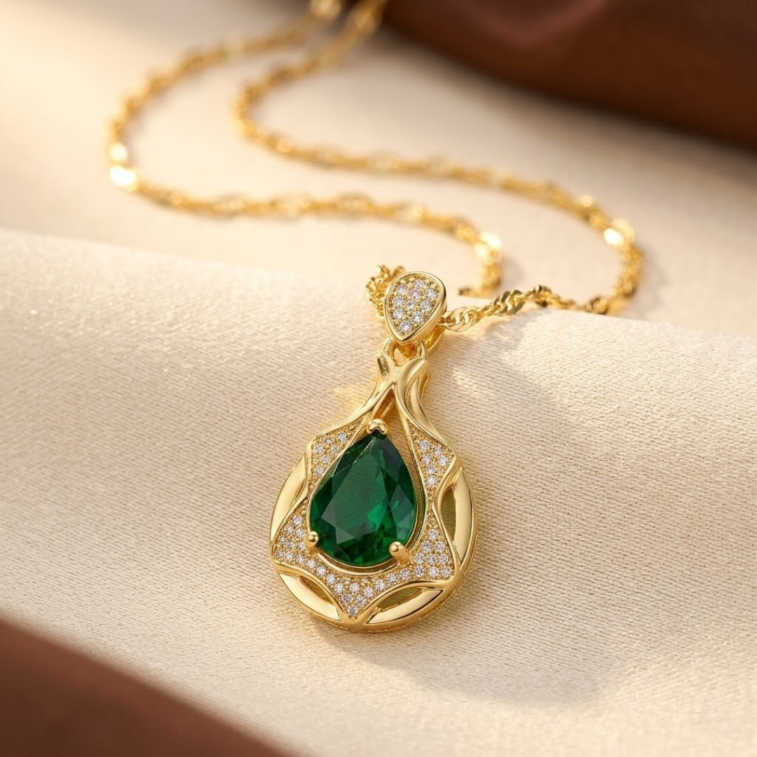 Gold Emerald Teardrop Pendant Necklace