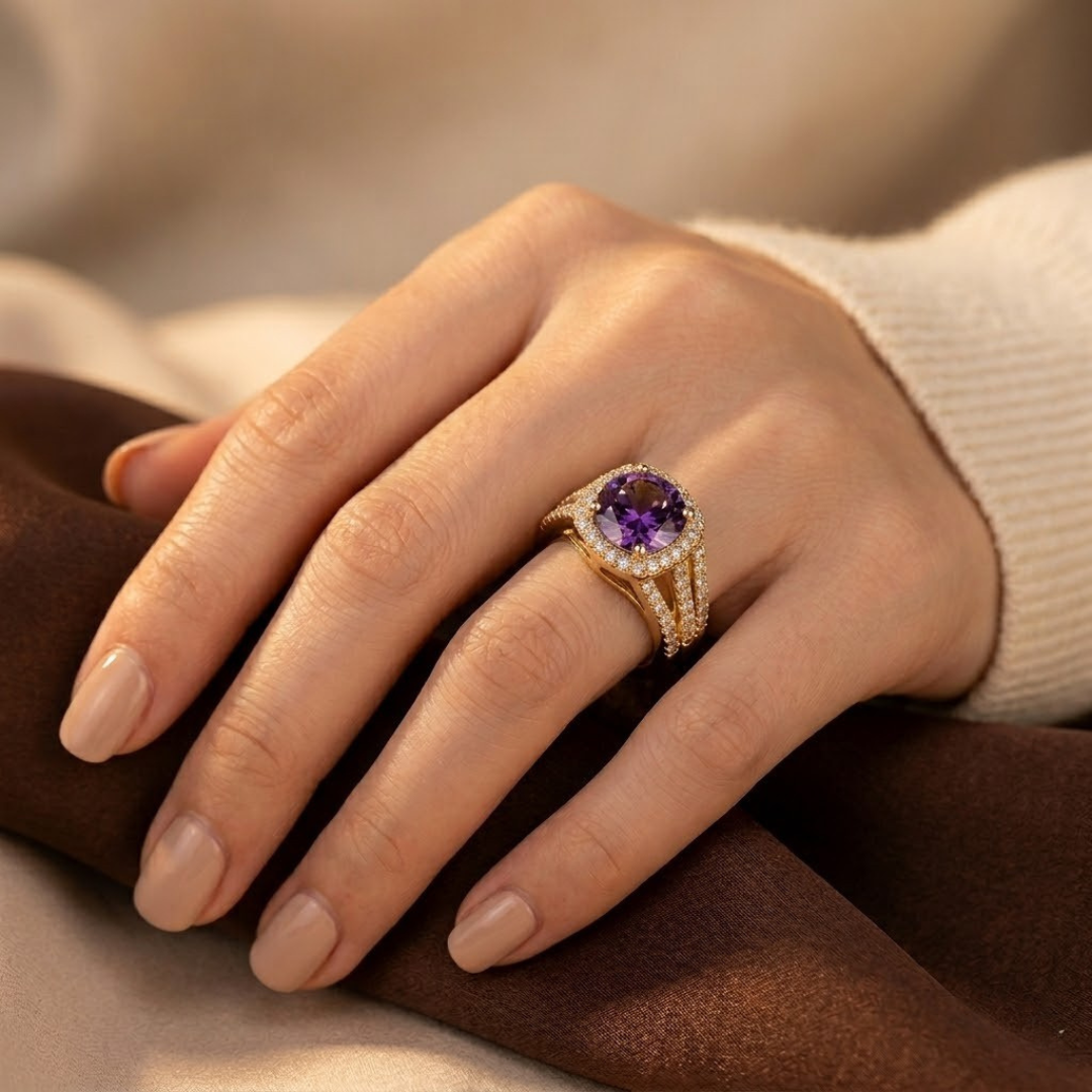 Gold Amethyst Halo Ring