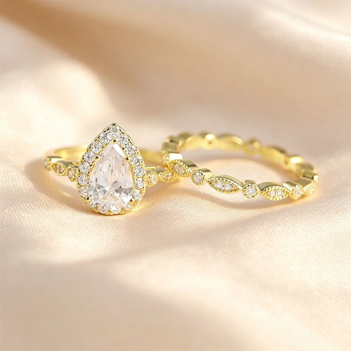 Pear-Shaped Solitaire Halo Stackable Ring Set