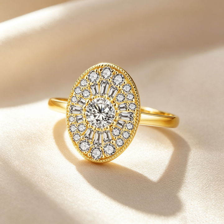 Oval Halo Sunburst Moissanite Ring