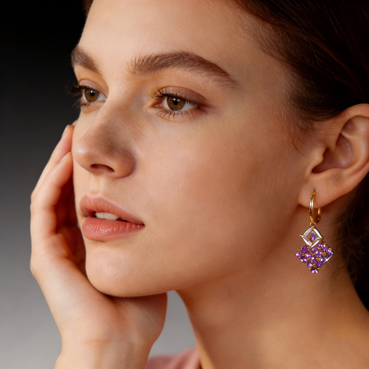 Elegant Amethyst Drop Hoop Earrings