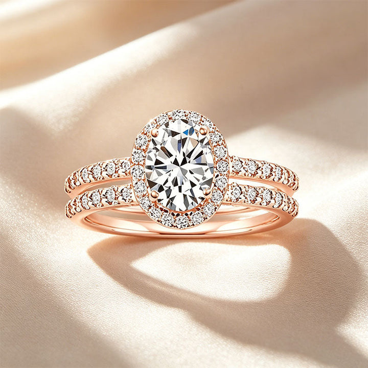 Classic Oval Center Stone Halo Stackable Ring Set