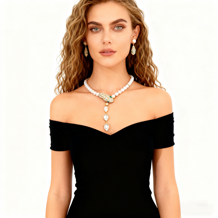 Emerald Diamond Pearl Necklace &amp; Earring Set