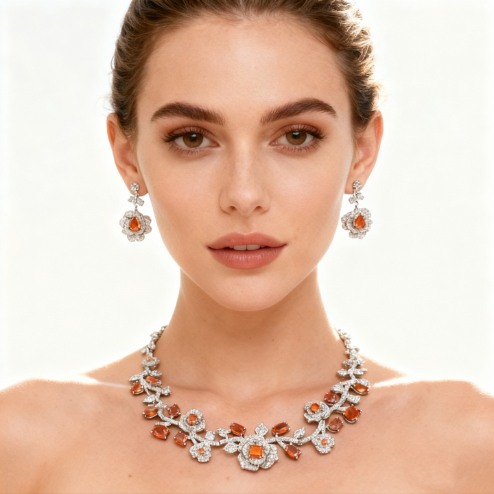 Orange Crystal Floral Necklace &amp; Earrings Set