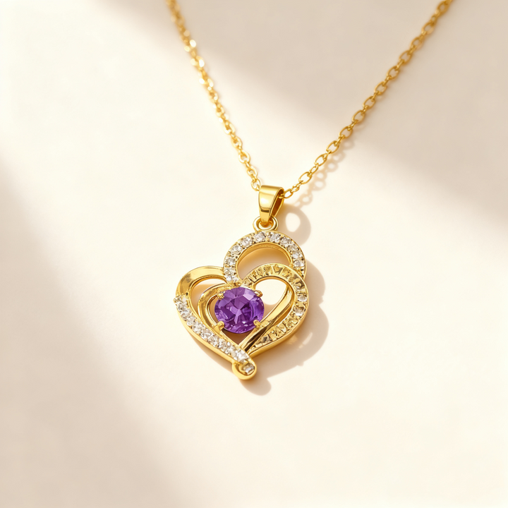 Double Heart Amethyst Pendant Necklace