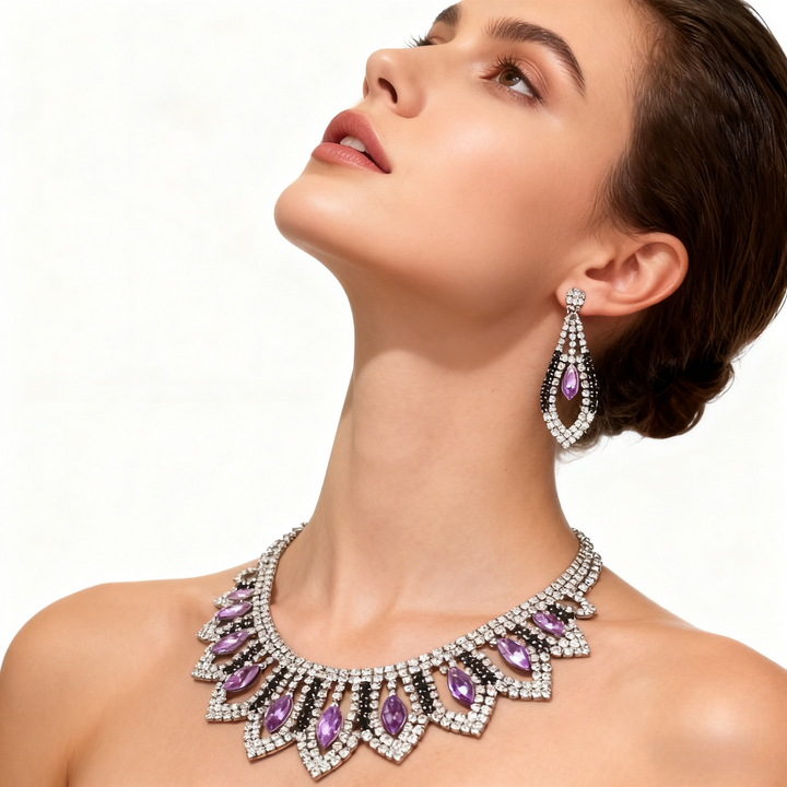 Amethyst &amp; Diamond Tassel Necklace &amp; Earrings Set