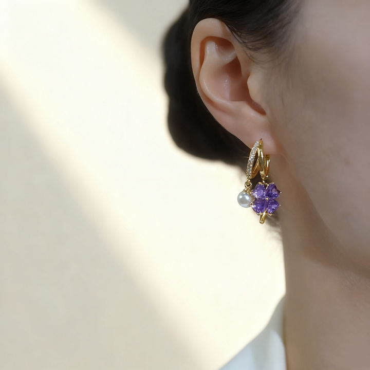 Amethyst Clover &amp; Pearl Double-Layer Earrings