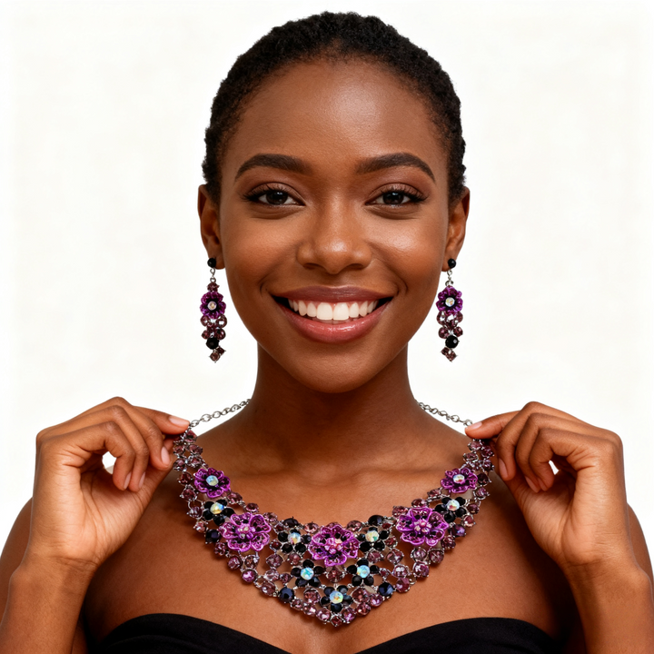 Purple Crystal Flower Necklace &amp; Earring Set