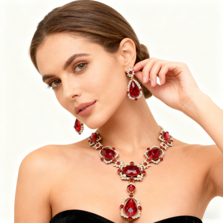 Red Crystal Diamond Necklace &amp; Earring Set