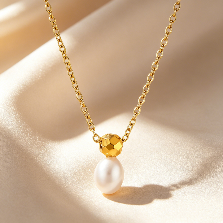 Gold Bead &amp; Natural Pearl Drop Necklace