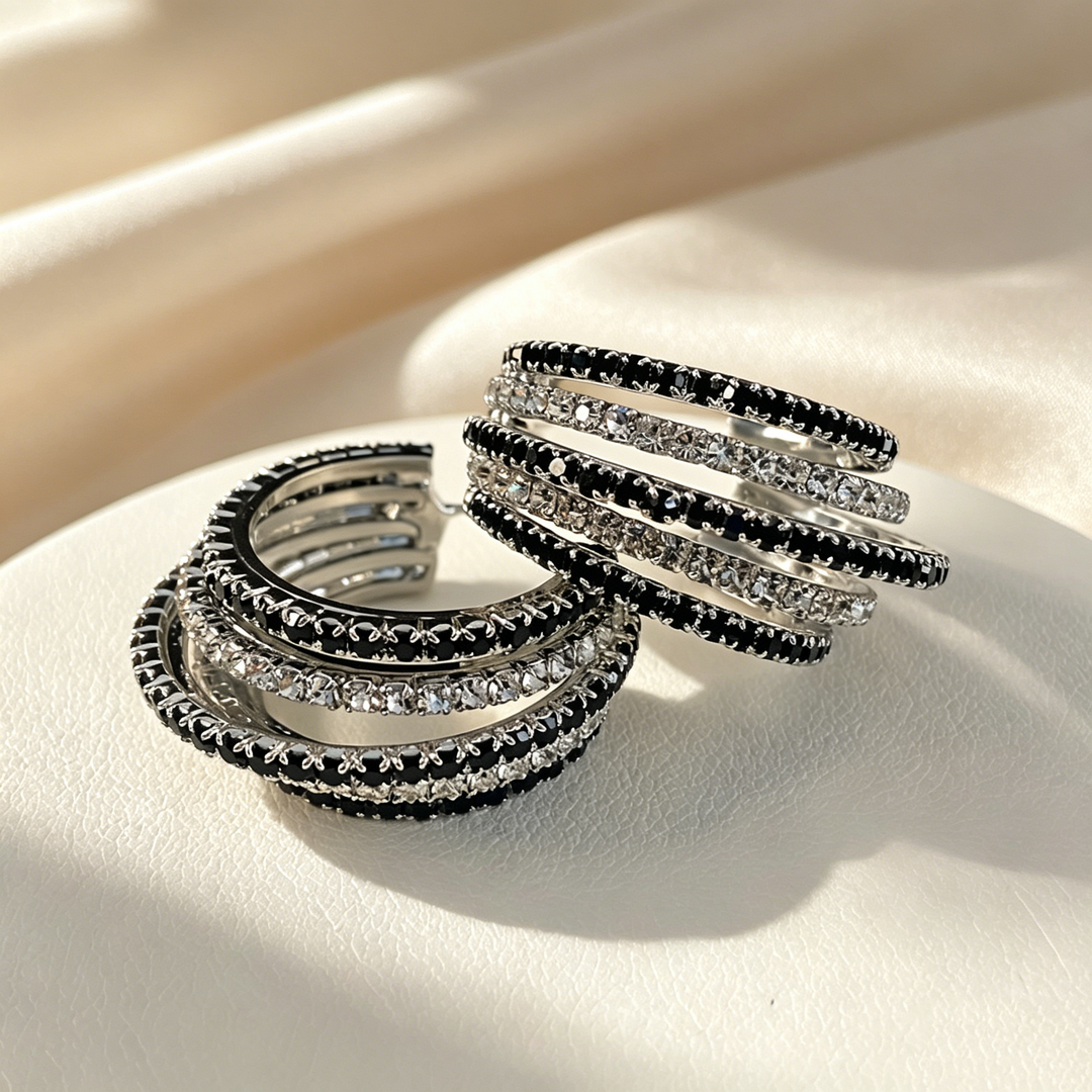 Black & White Pavé Multi-Layer Hoop Earrings
