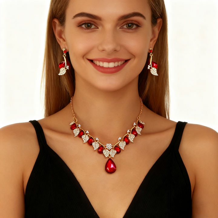 Red Crystal Diamond Necklace &amp; Earring Set