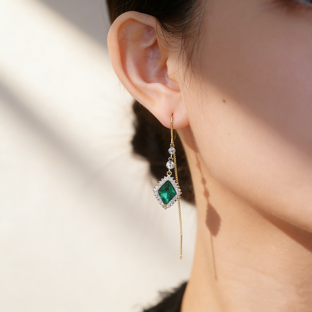Natural Green Crystal Tassel Threader Earrings