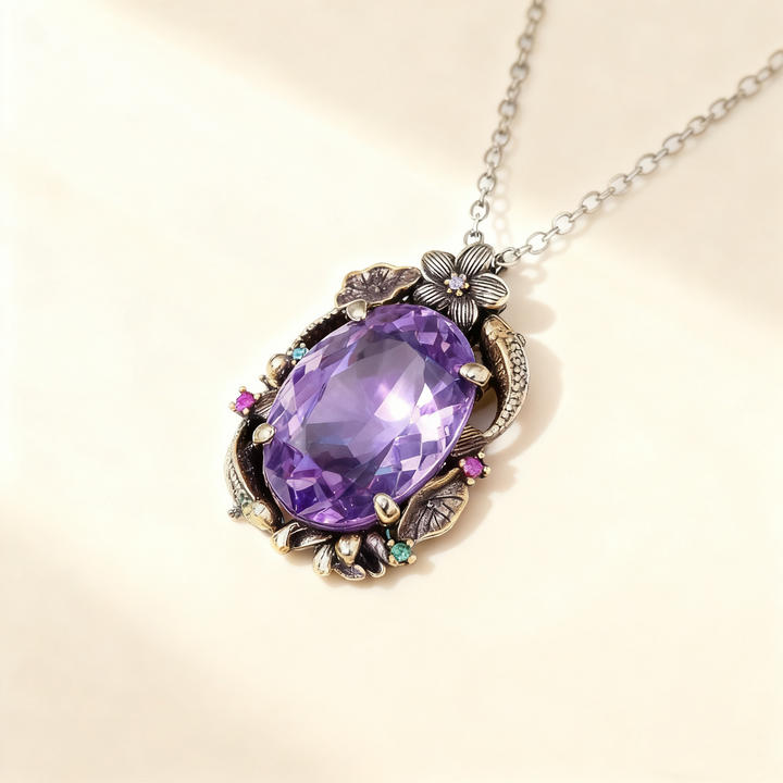 Amethyst &amp; Multicolor Gem Twin Fish Lotus Jewelry Set