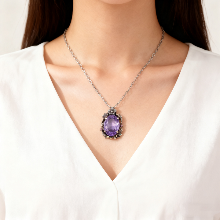 Amethyst &amp; Multicolor Gem Twin Fish Lotus Jewelry Set