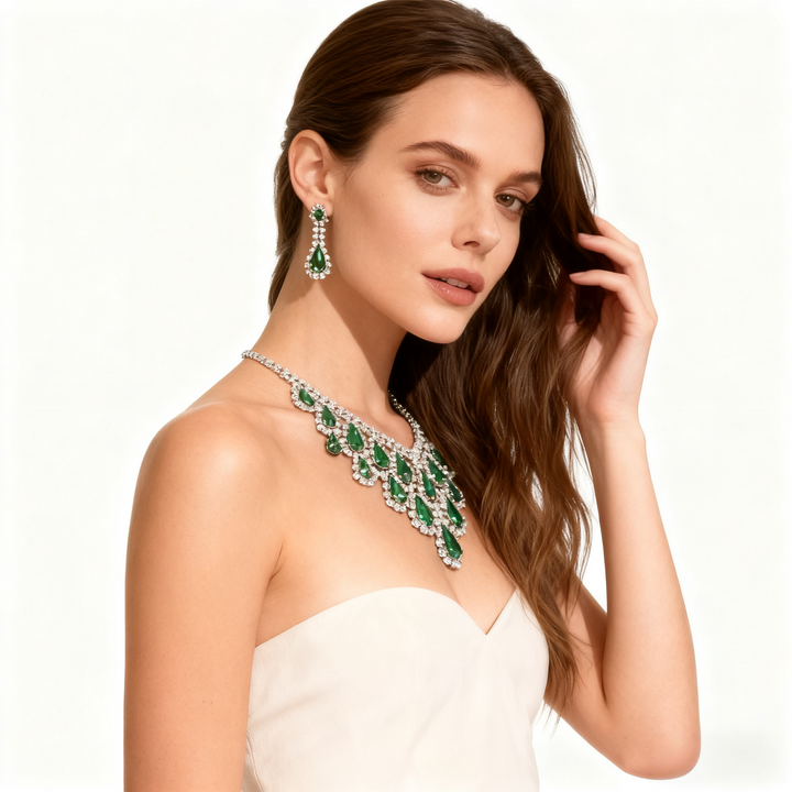 Green Crystal Tassel Necklace &amp; Earring Set
