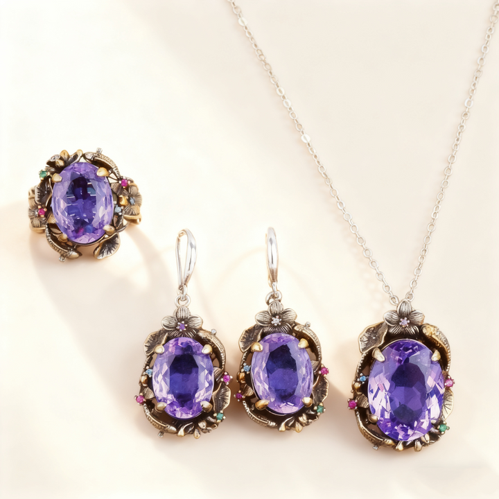 Amethyst &amp; Multicolor Gem Twin Fish Lotus Jewelry Set