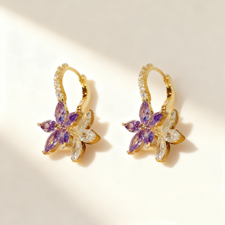 Amethyst &amp; Diamond Flower Double-Layer Earrings