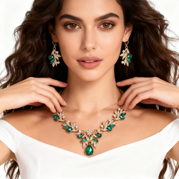 Green Crystal Leaf &amp; Diamond Necklace &amp; Earring Set