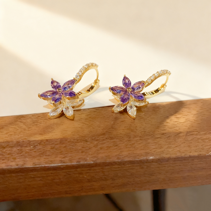 Amethyst &amp; Diamond Flower Double-Layer Earrings
