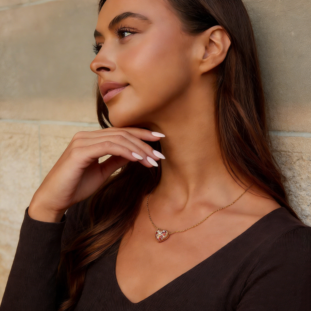 Multicolor Crystal Heart Stud Earrings & Necklace Set