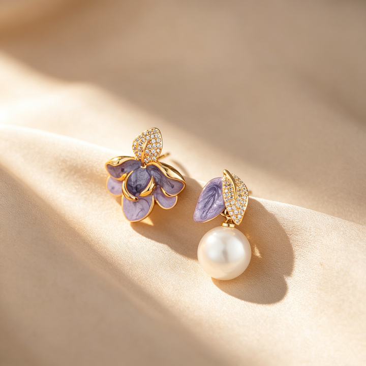 Elegant Asymmetrical Magnolia Enamel &amp; Pearl Drop Earrings