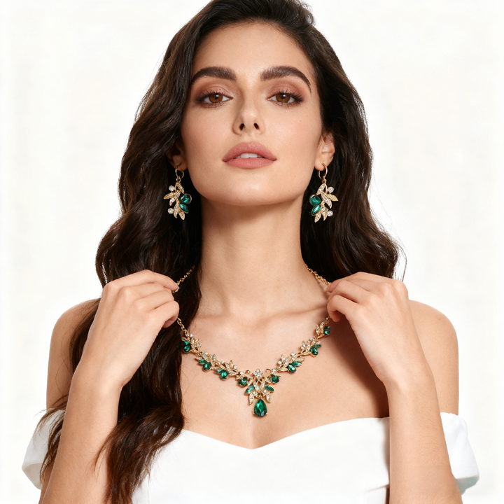 Green Crystal Leaf &amp; Diamond Necklace &amp; Earring Set