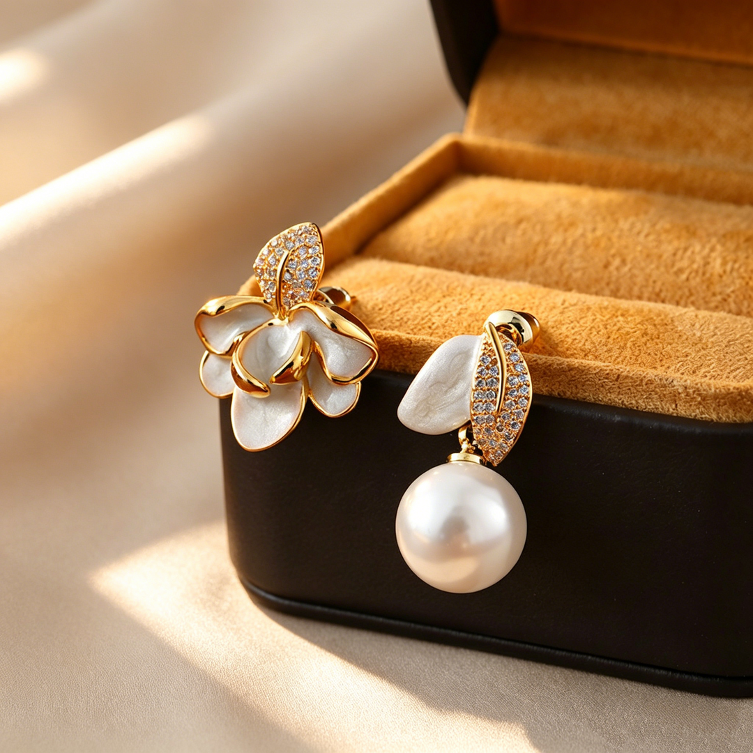 Elegant Asymmetrical Magnolia Enamel & Pearl Drop Earrings