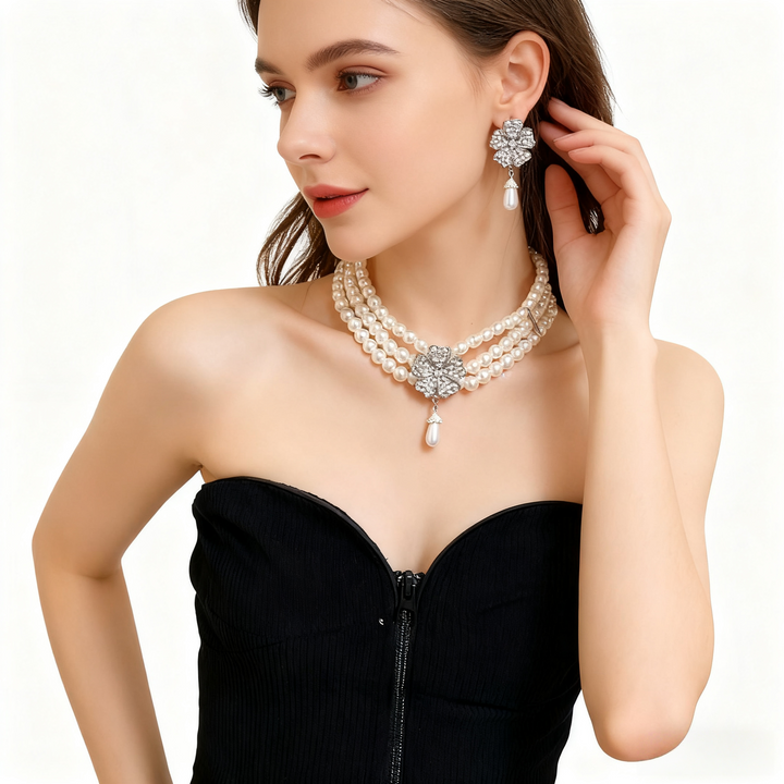 Diamond Flower Multi-Layer Pearl Necklace &amp; Earring Set