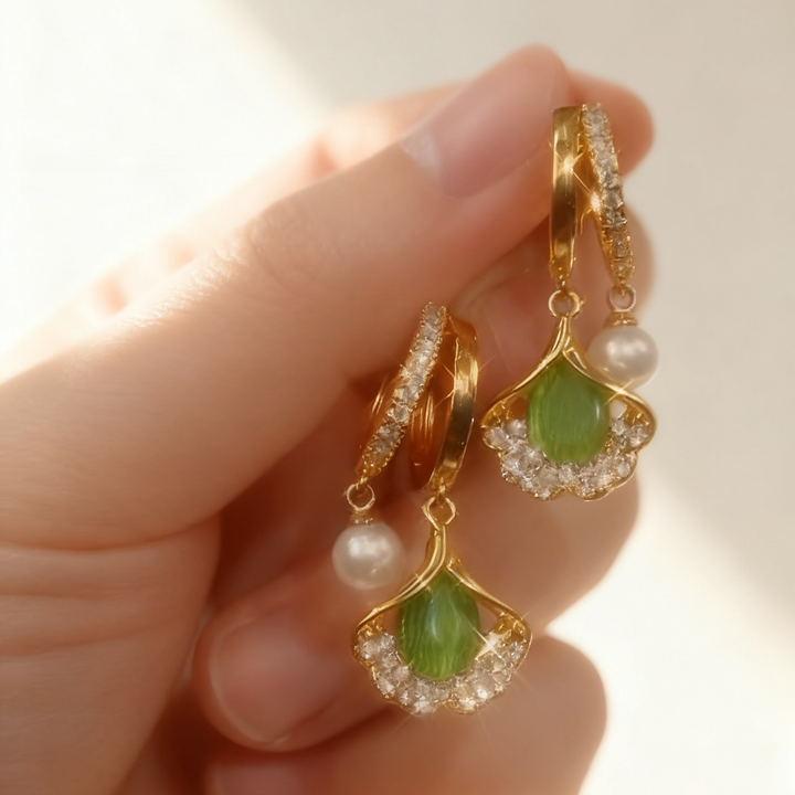 Ginkgo Leaf Green Agate &amp; Pearl Double-Layer Earrings