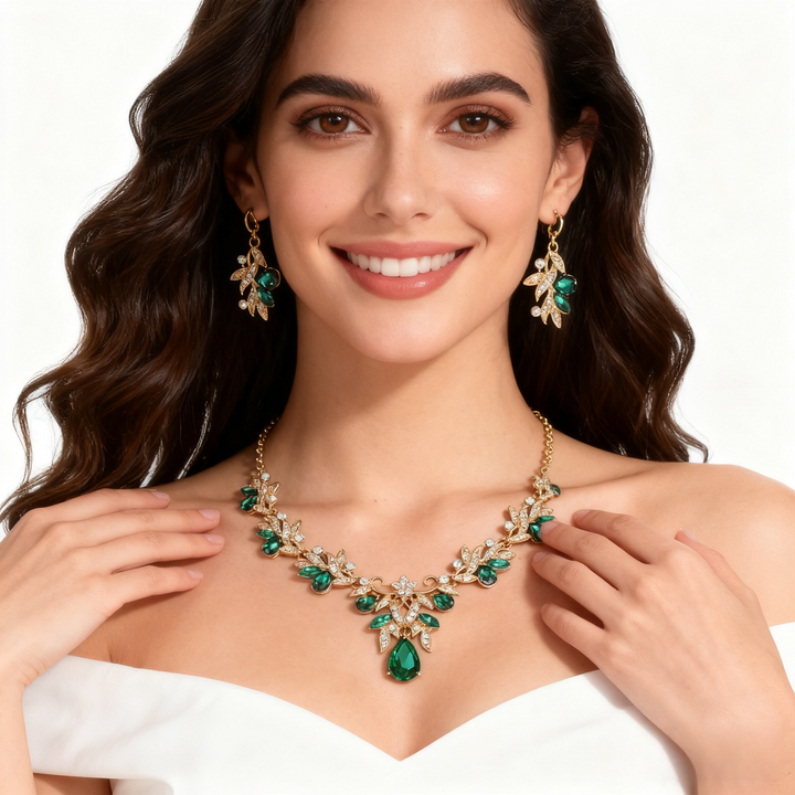 Green Crystal Leaf &amp; Diamond Necklace &amp; Earring Set