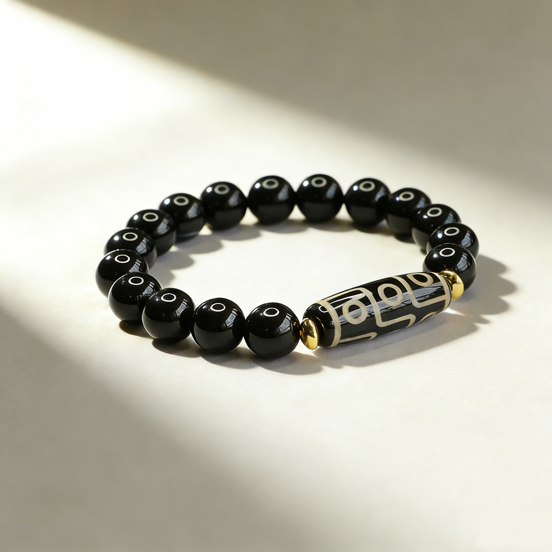Nine-Eye Dzi Bead Black Agate Bracelet
