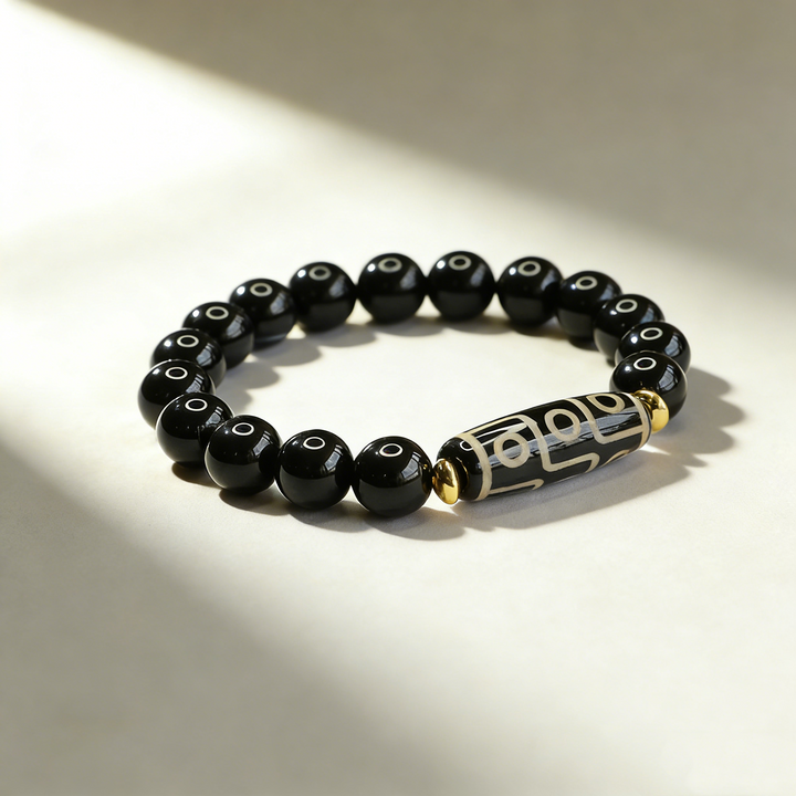 Nine-Eye Dzi Bead Black Agate Bracelet