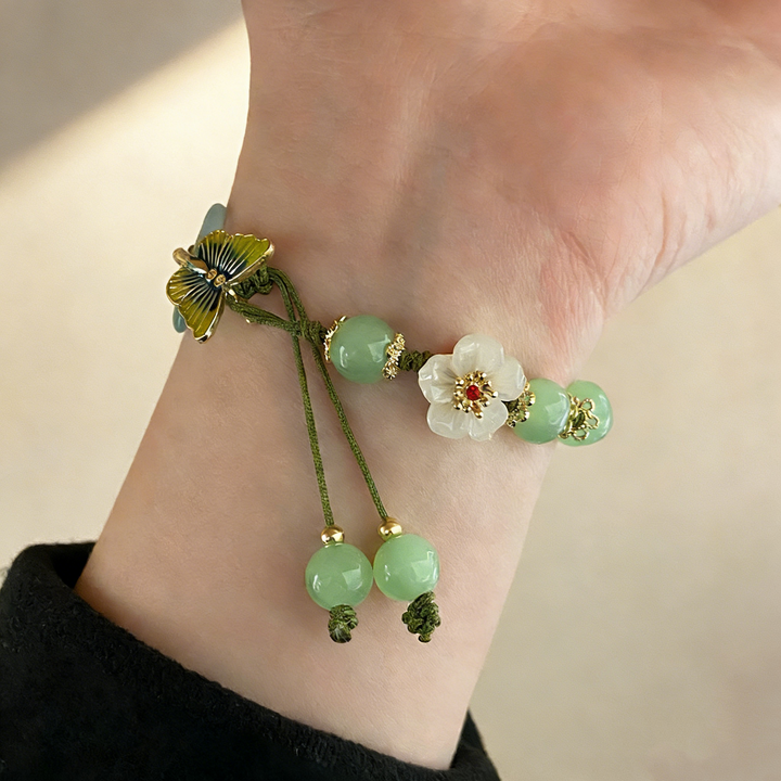 Butterfly &amp; Floral Jade Beaded Bracelet