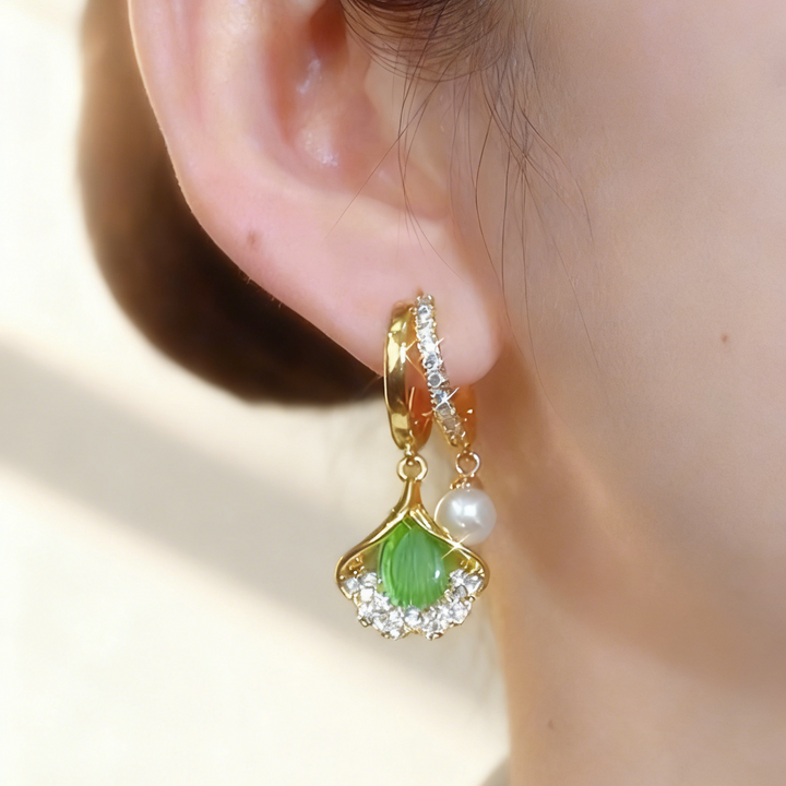 Ginkgo Leaf Green Agate &amp; Pearl Double-Layer Earrings