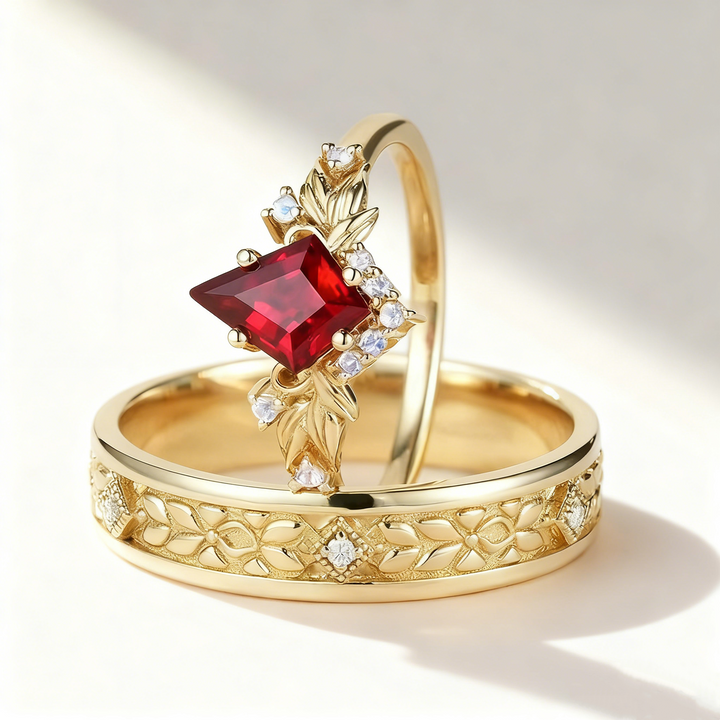 Red Sapphire &amp; Diamond Couple Rings
