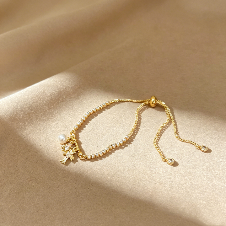 Cross &amp; Pearl Moissanite Bracelet Set