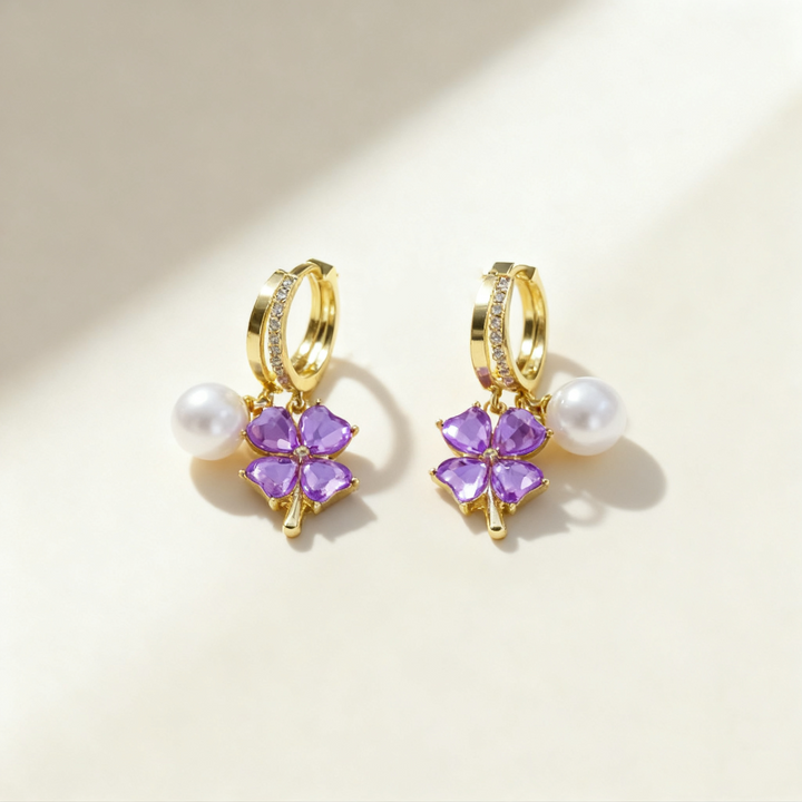Amethyst Clover &amp; Pearl Double-Layer Earrings