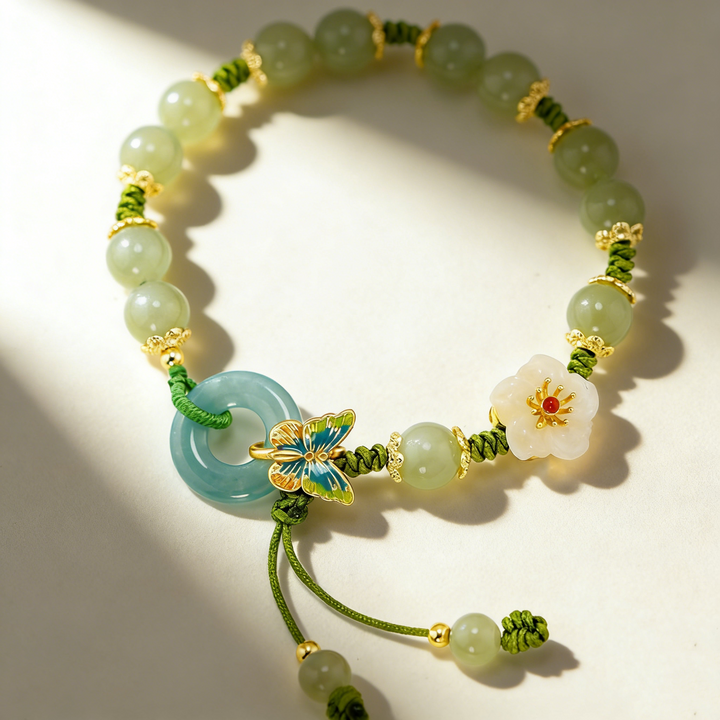 Butterfly &amp; Floral Jade Beaded Bracelet