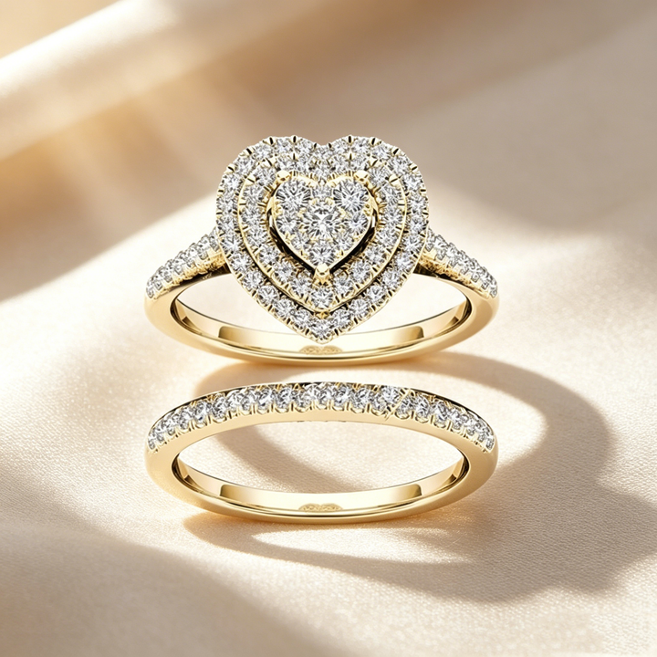 Two-piece set of full diamond heart-shaped rings