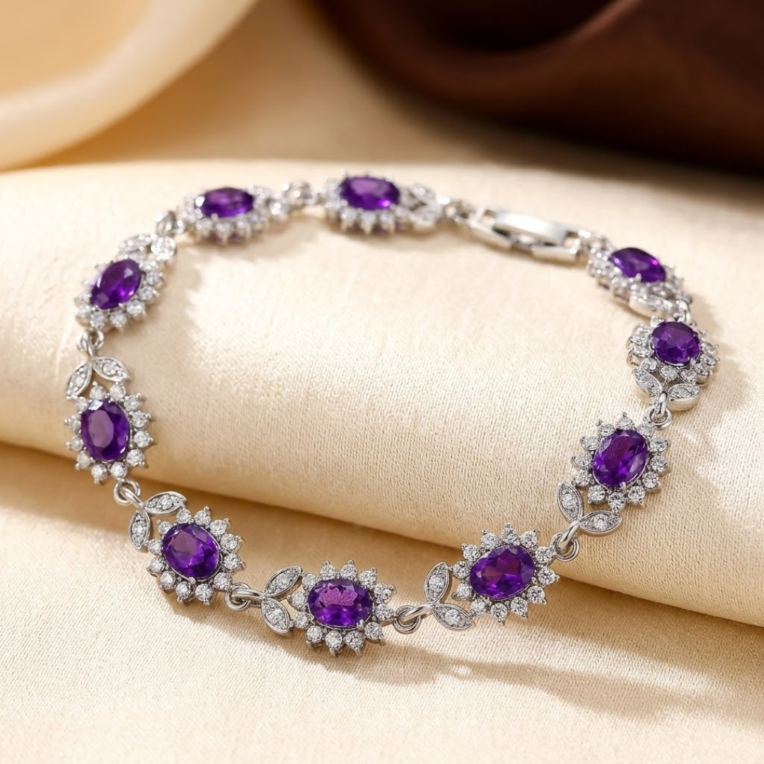 Silver Amethyst Floral Bracelet