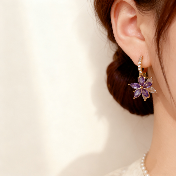 Amethyst &amp; Diamond Flower Double-Layer Earrings