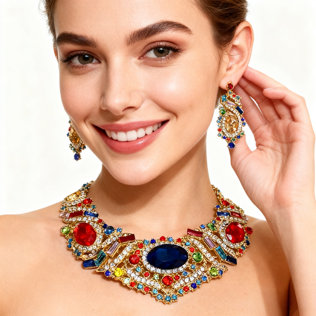 Red & Blue Agate with Diamond Necklace & Earrings Set