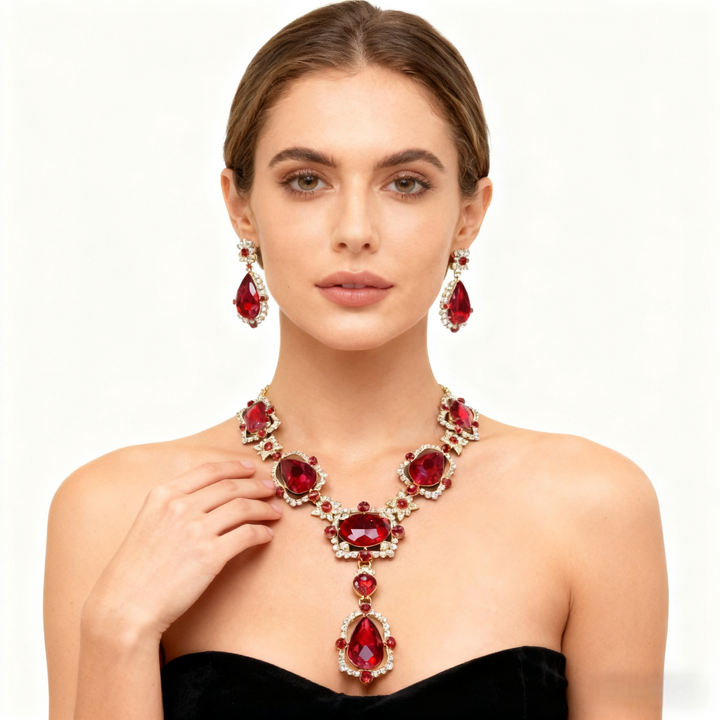 Red Crystal Diamond Necklace &amp; Earring Set