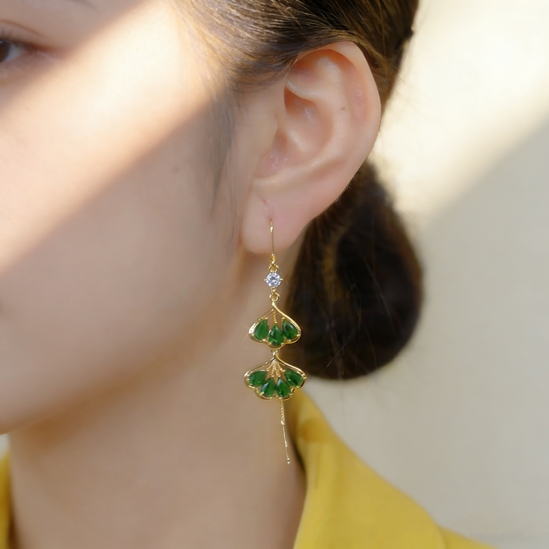 Emerald Ginkgo Leaf Tassel Earrings