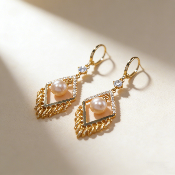Pearl Geometric Tassel Earrings