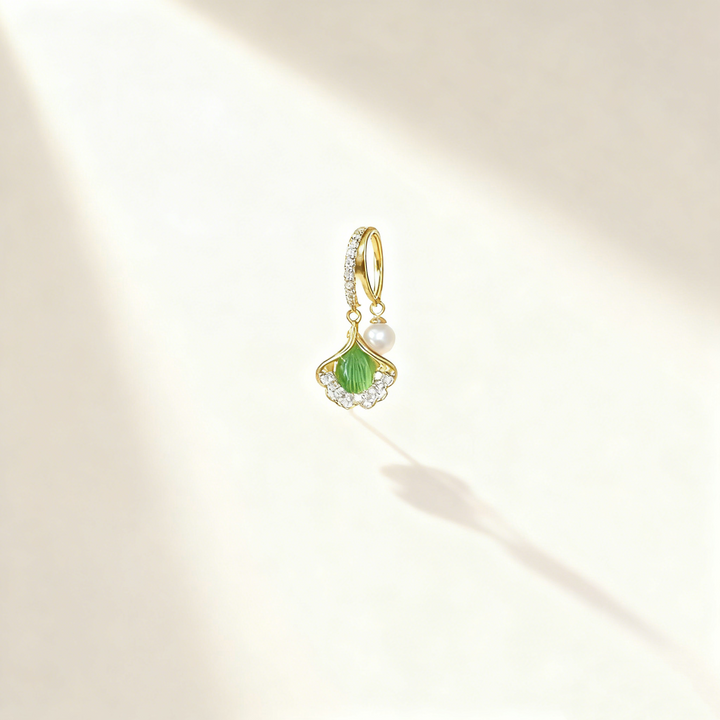 Ginkgo Leaf Green Agate &amp; Pearl Double-Layer Earrings