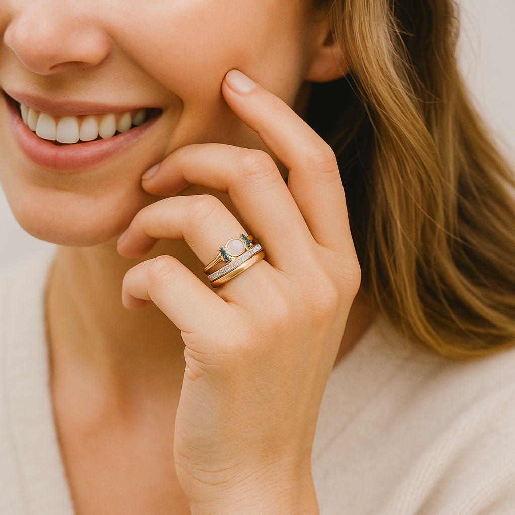 Tereza – A delicate gold ring with a radiant opal and clear contours.