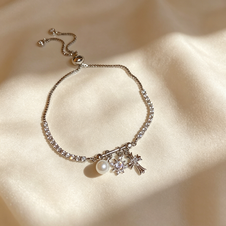 Cross &amp; Pearl Moissanite Bracelet Set